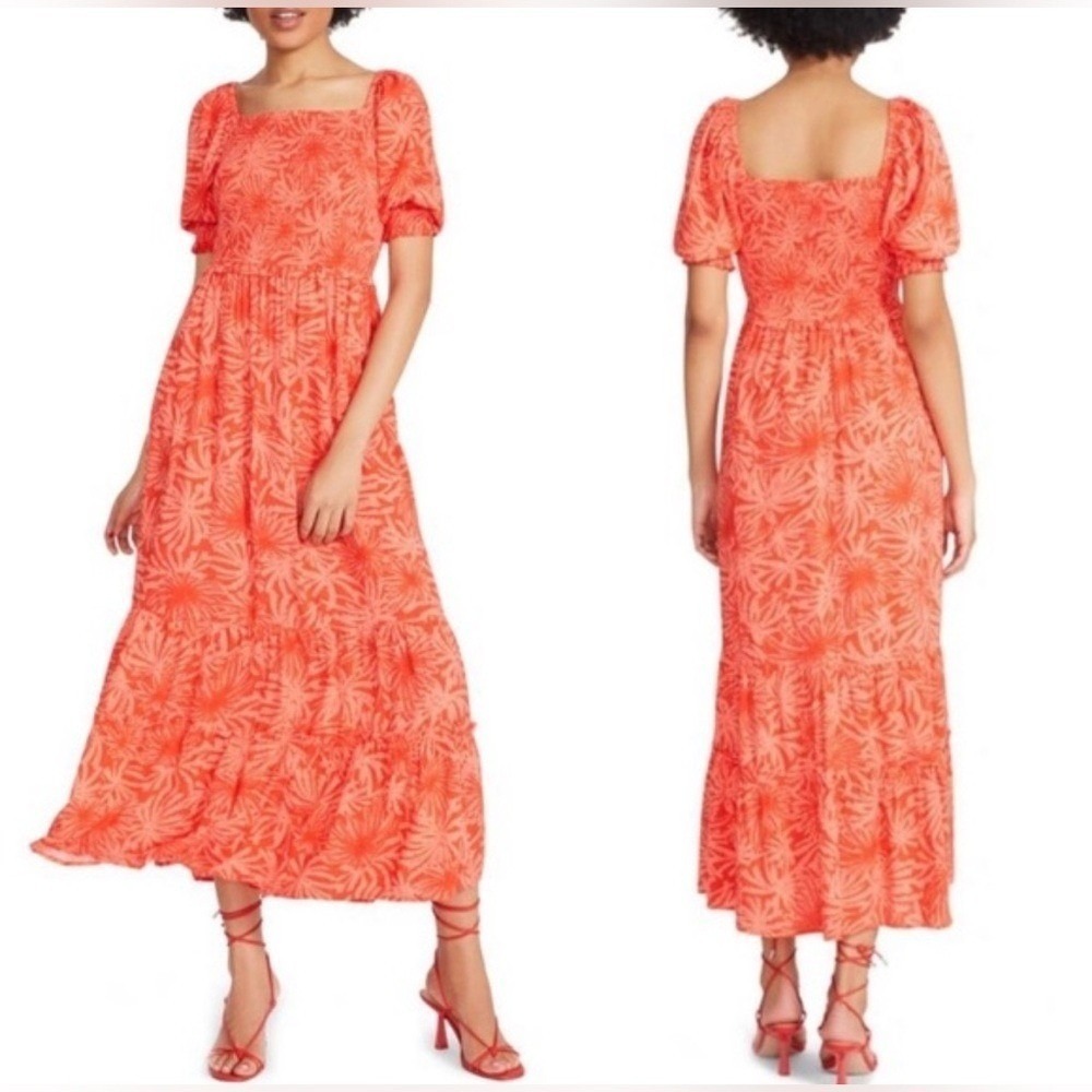 Tropical Smocked Puff Sleeve‎ Maxi Dress Resort Boho Orange Medium